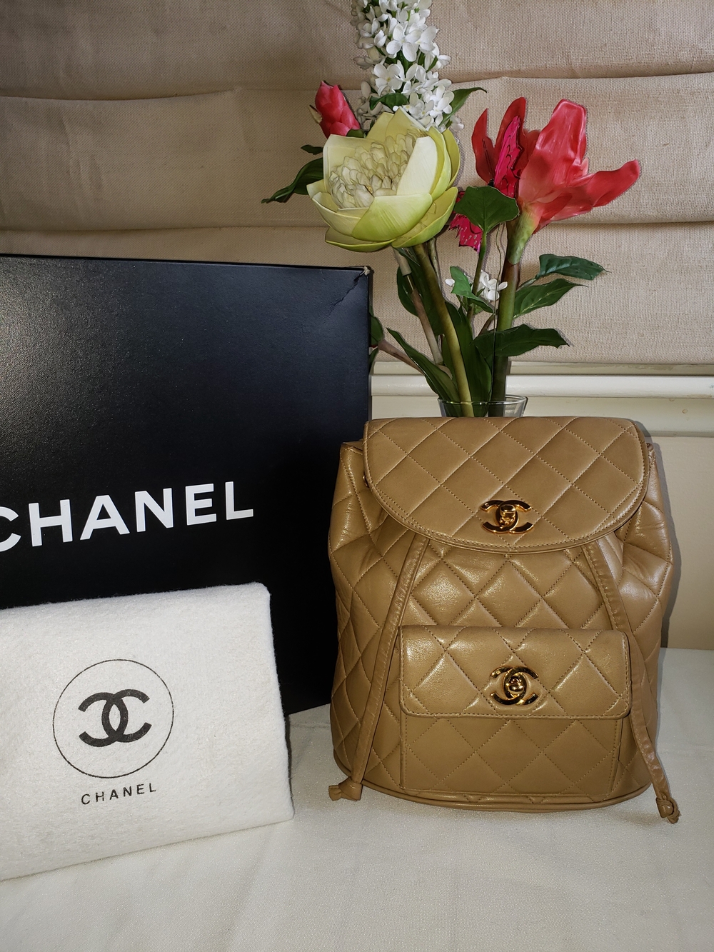 CHANEL Bag Duma Backpack Tan Quilted Lambskin with Gold CC Hardware
